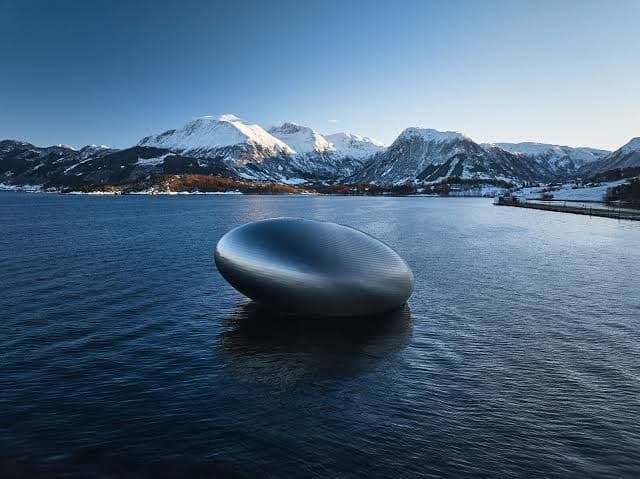 Salmon Eye, the silver floating orb that houses Restaurant Iris on the Hardangerfjord